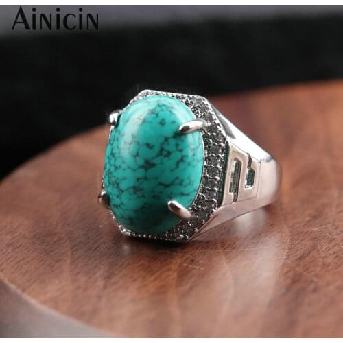 Blue Veisn Natural Turquoise 13x18mm Cabochons Prong Setting Fashion Mens Adjustable Rings Birthday Gift Jewelry