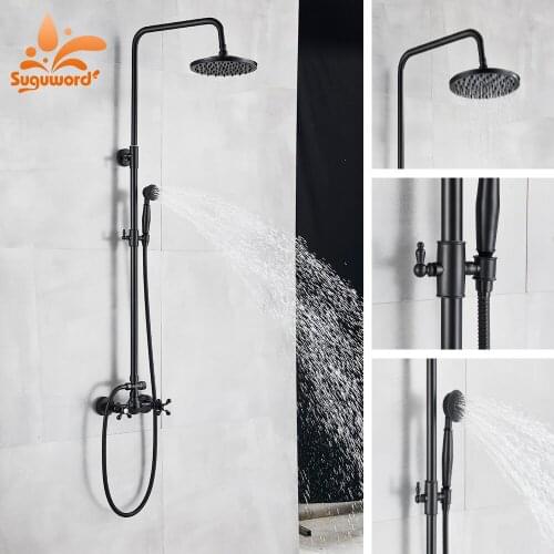 Suguword Matte Black Bath Shower Faucet Set Brass Hot and Cold Water Mixer Tap Bathroom Wall Mounted