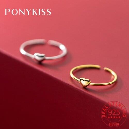 PONYKISS Trendy S925 Sterling Silver Heart Minimlist Resizable opening Finger Ring Jewelry Women Birthday Party Fine Accessory
