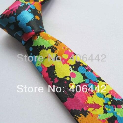 2" polyester SLIM tie Black With Red/Yellow/Blue oil painting print NARROW TIES SKINNY tie Fashion Necktie to match dress shirts