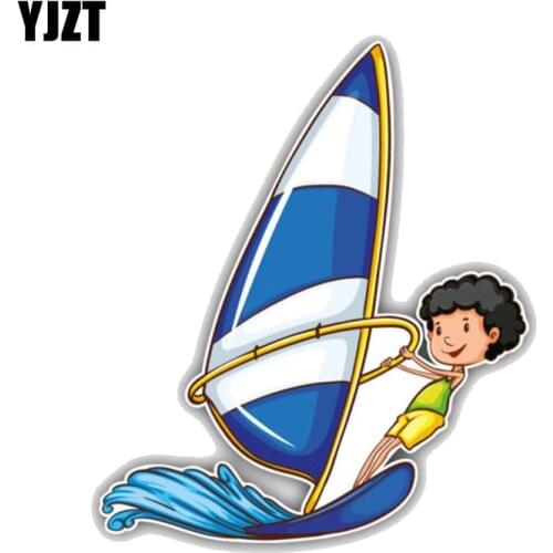 YJZT 10.8CM*12.7CM Funny Cartoon Little Boy Windsurfing PVC Car Bumper Sticker 11-00045
