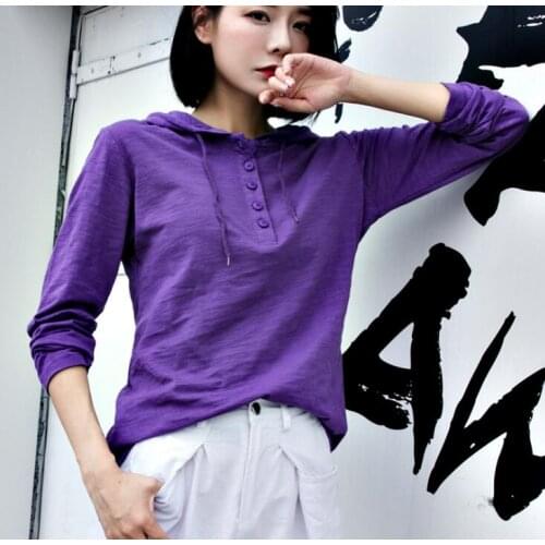 Womens hooded fashion long-sleeved T-shirt cotton loose shirt solid casual top purple