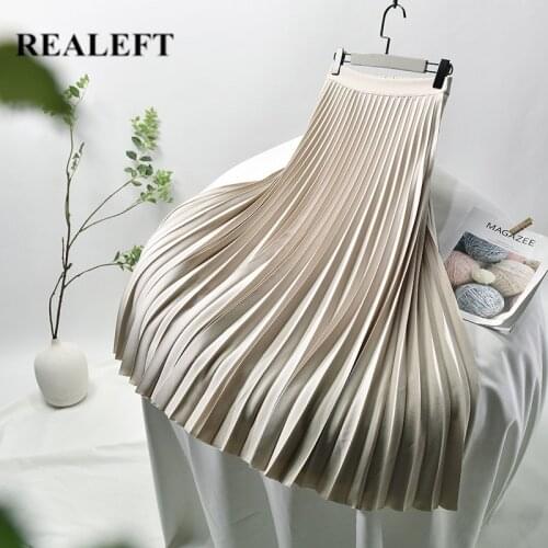 REALEFT Summer New 2020 Women High Waist A-line Pleated Skirts Elastic Waist Long Skirt Elegant Maxi Skirts Faldas Jupe Femme