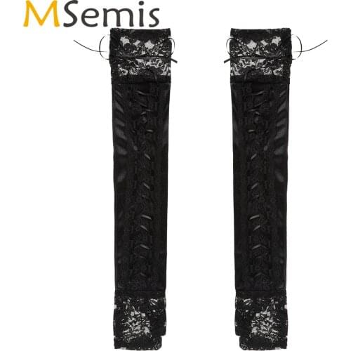 Women Party Gloves Glossy Hollow Black Lace Crisscross Tie Arm Sleeve Half Finger Bridal Wedding Gloves Exotic Costume Accessory