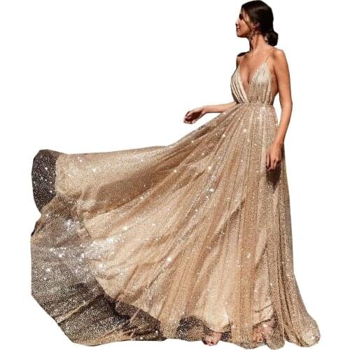 Halter Sexy Suspender Dress Ladies Summer V-neck Long Dress Sleeveless Suspender Sequined Vest Evening Dress