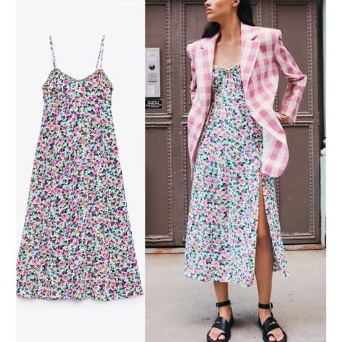 2021 Dress Women Straps Backless Flower Print Sexy Summer Dress Fashion Side Slit Women Sleeveless Vintage Beach Dresses