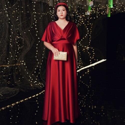 Burgundy Simple V-Neck Evening Dress Empire Short Sleeves Pleat Lace Up Floor-Length A-Line Plus Size Women Formal Gowns D1235