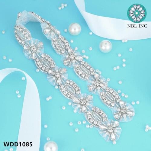 10 yards) Wholesale bridal hand beaded silver rhinestone applique trim iron on sew on for wedding dress WDD1085