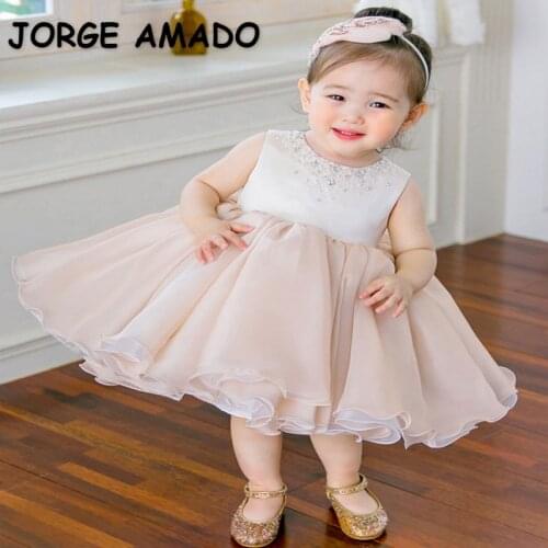 2021 Hot Sale New Summer Kids Girl Party Dress Pink Sleeveless Pearls Bow Princess Dress Wedding Piano Perform Birthday E560