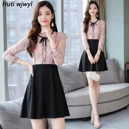 2021 Vintage Pink Black Fake Two Piece Mini Dresses Autumn Winter Long Sleeve Beach Dress Elegant Women Bodycon Party Vestidos