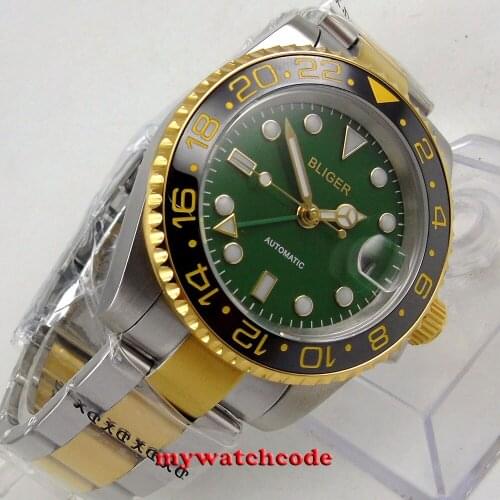 40mm bliger green dial luminous marks sapphire glass golden case GMT date automatic mens watch