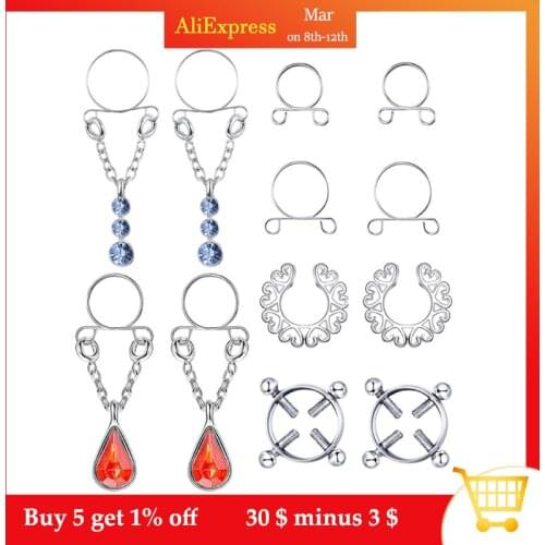 6 Pairs Safety Fake Nipple Rings Women Non-Piercing Dangle Screw Clip On Jewelry