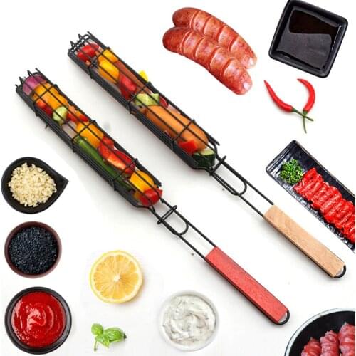 BBQ Grilling Basket Hotdog Rack Grilling Mesh Barbecue Durable Anti-Corrosion Wooden Handle BBQ Outdoor Camping Grill Mesh Tool