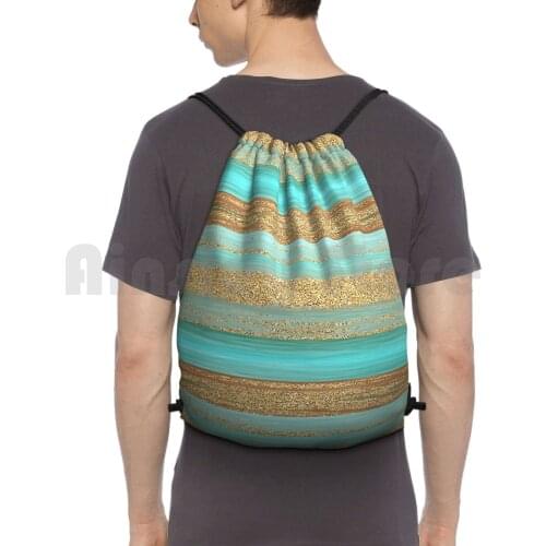 Turquoise Brown Faux Gold Glitter Stripes Art Pattern Backpack Drawstring Bag Riding Climbing Gym Bag Trendy Modern Glitter