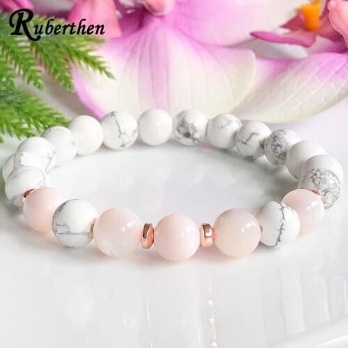 Ruberthen AAA Grade Pink Opal Howlite Anxiety Relief Energy Protection Bracelet Healing Crystals Yoga Mala Bracelet for Women