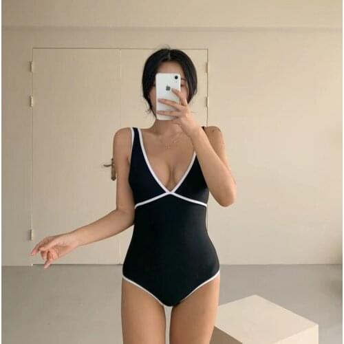 1 Piece Patchwork Deep V-neck Beach Swimsuit Women Color Blocking Sexy Jumpsuit Sleeveless Backless Triangle Sling Swimwear