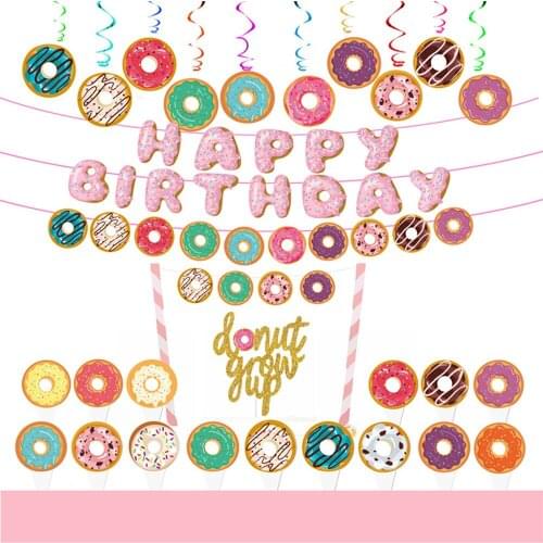 Donut Party Decorations Donut Cake Insert Card Happy Birthday Letter Flag One Year Old Cake Insert Card
