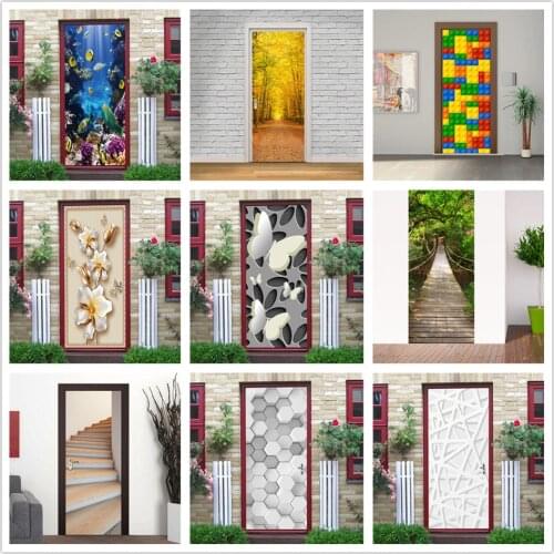 Scenery Stickers on the Doors Vinyl Peel and Stick Wallpaper Removable Waterproof Room Decoration Wood Mural Poster deurstickers