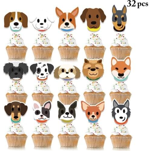 32 Pcs/Set Cake Topper Decor Creative Cute Dog Cupcake Topper For Birthday Party Festival Events Kits Cake Decoration Supplies
