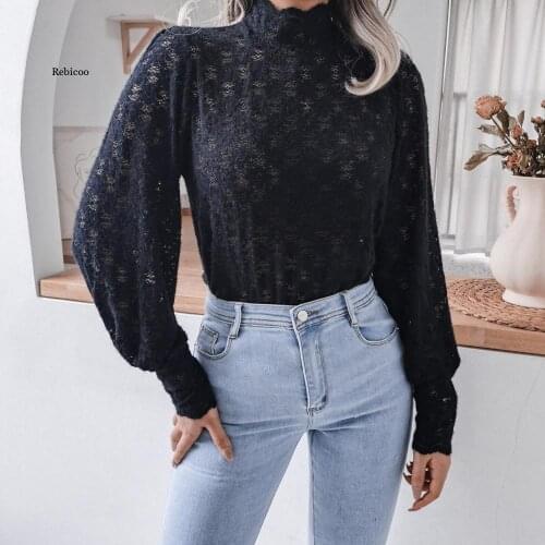 Elegant White Lace tops Lantern Long Sleeve Standing Collar Fashion Woman Blouses 2021 Plus Size Blusas Femininas Blouse Shirt