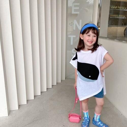 Girls Cartoon Whale T-shirts Summer Fashion Korean Style Kids Baby Thin White Tees Children Casual Cute Clothing For 3-7 Years