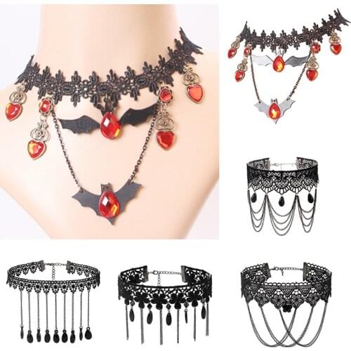 Gothic Chokers Black Beaded Flowers Sexy Lace Neck Choker Necklace Vintage Tassel Chain Women Steampunk Halloween Jewelry