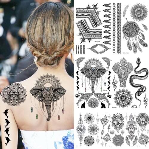 Henna Elephant Mandala Temporary Tattoos For Women Girls Snake Whale Wolf Lion Feather Fake Tattoo Sticker Back Body Tatoos