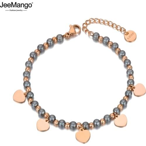 JeeMango Bohemia Titanium Stainless Steel Pearl Beaded Bracelets For Women Trendy Heart Charm Bracelet Jewelry браслет JB20116