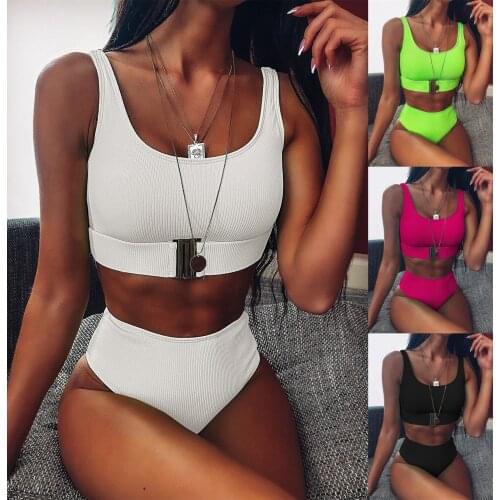 B13 2021 Hot Style High Waist Solid Color Bikini Split Body Pit Slip Button Swimmsuit