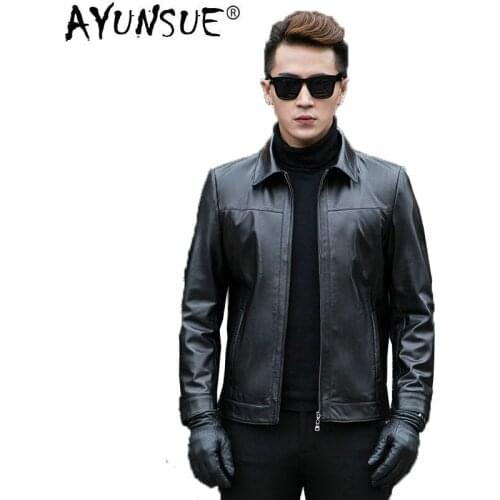 AYUNSUE Mens Leather Jacket Short Sheepskin Coat Genuine Leather Jacket Men Bomber Jackets Veste Cuir Homme CJX801A KJ2106