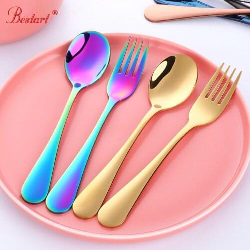 2PC Kids portable cutlery Rainbow tableware Set Stainless food safety lovely children s poon fork set child gold dinnerware set