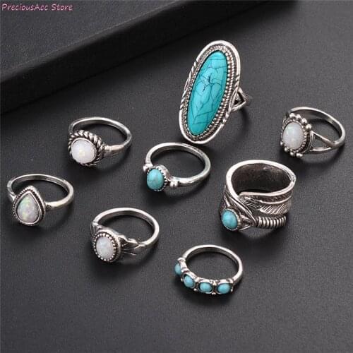 8PCS Fashion Bohemia Midi Retro Rings Sets For Women Knuckle Ring Bagues FemmeAntique new Opals Turquoises