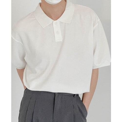 Solid Lapel Buttons T-shirt Men Korean Leisure Short-sleeved T-shirts With Slits Men Simple Black Asymmetric T-shirt Mens 2021