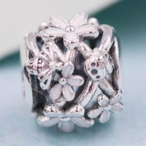 Original Openwork White Daisy Flower With Ladybird And Bee Beads Fit 925 Sterling Silver Bead Charm Bracelet DIY Jewelry