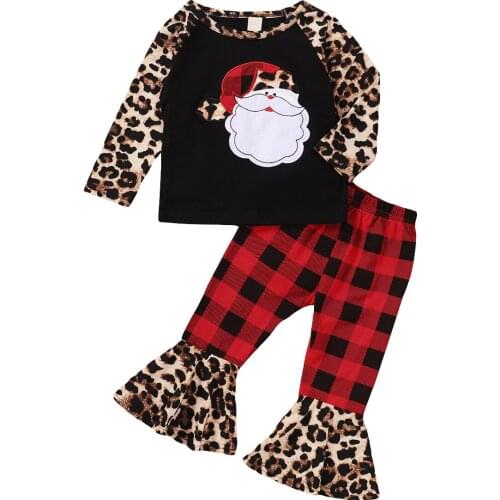 Kids Baby Girls Boys Christmas Long Sleeve + Flared Pants, Plaid Leopard Print Stitching Elastic Waist Clothing
