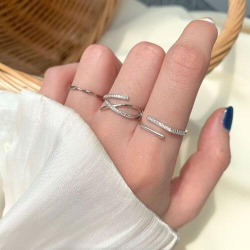 S925 Sterling Silver Rings for Women Simple Crystal Opening Adjustable Ring Fashion Personalized Geometric Jewelry Wholesale
