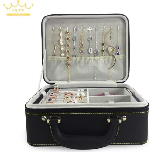 1pc PU leather double jewellery with zipper storage box multilayer earrings necklace bracelet ring storage jewelry box