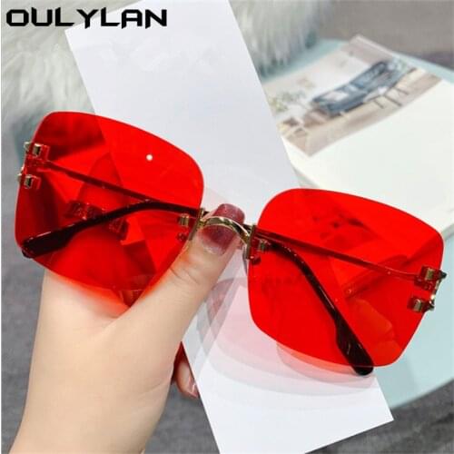 Oulylan Retro Rimless Sunglasses for Women Luxury Brand Designer Metal Sun Glasses Men Trendy Square Eyewear Red Shades UV400