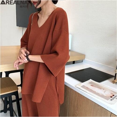 Loose knitted suit autumn women set v neck long pullovers sweater + wide legs pants suit female tracksuit two piece set women