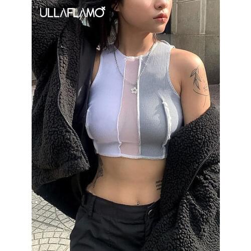 Streetwear Tank Tops Womens Bright Line Patchwork O-Neck Vest Clothing Sexy Mesh See-Through Splice Crop Top Pullover Female