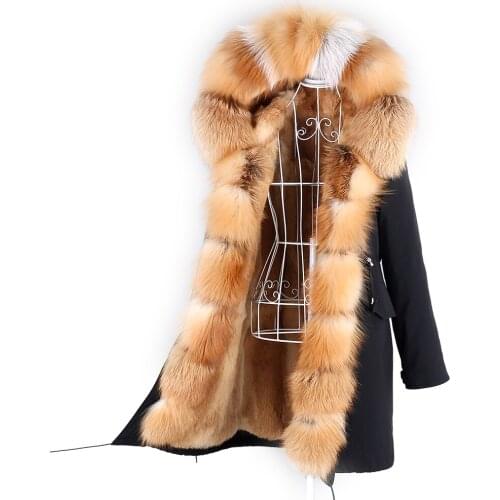 2020 Women Long Big Natural Red Fox Fur Collar Parka Waterproof Hood Thick Warm Real Fur Coat Winter Color Matching Jacket