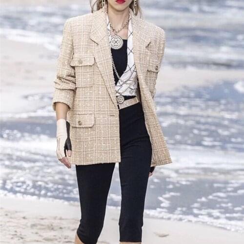 Vintage Golden Single-Button Tweed Jacket Coat 2019 Autumn Winter Fashion Pockets Plaid Ladies Outerwear Casual Casaco Femme