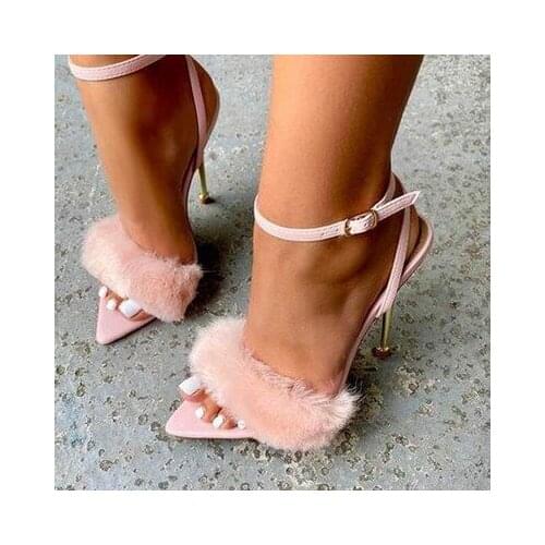 2021 New Pink White Women Sandals Sexy Open Toe Furry Fur Summer High-Heeled Sandals Ladies Wedding Stripper shoes