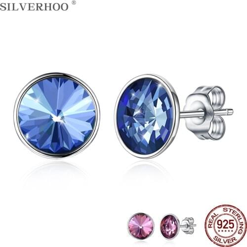 SILVERHOO 925 Sterling Silver Circular Pretty Stud Earrings For Women Austria Multicolor Crystal Earrings Fashion Style Jewelry