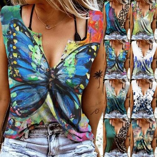 Women Fashion Summer V-neck Digital Printing Pullover Sexy Casual Vest Loose Butterfly Print Punk Sleeveless T-shirt Tank Top