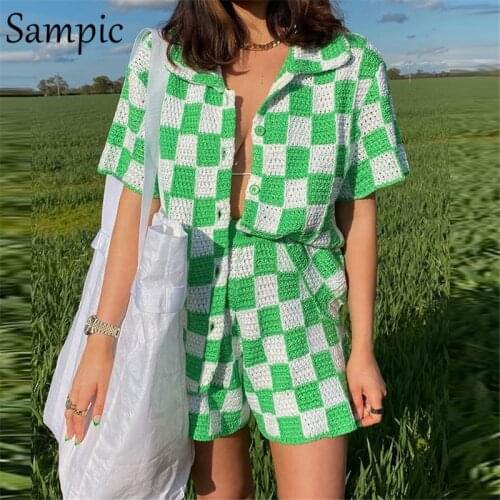 Sampic 2021 Casual Knit Lounge Wear Women Tracksuit Summer Shorts Set Green Plaid Shirt Tops And Mini Loose Shorts Two Piece Set