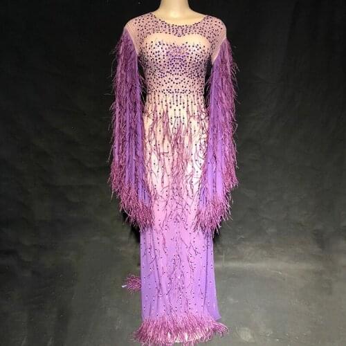 Women Sexy Stage Net Yarn Dress Purple Tassel Sparkling Crystals Stage Wear Dancer Singer Nightclub Performance Bling Costumes
