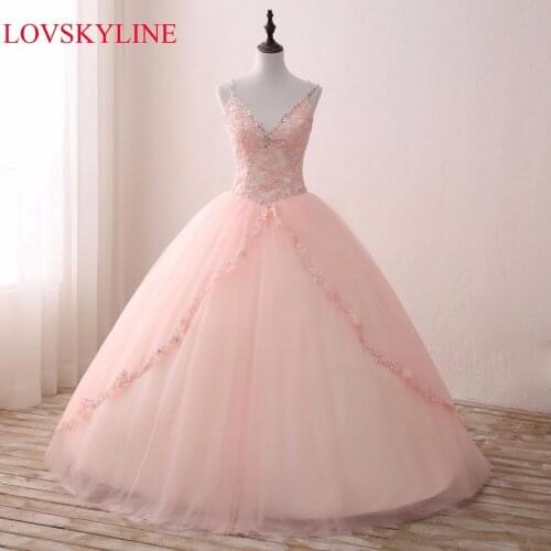 LOVSKYLINE Hot Elegant V-NECK Wedding Dress Pink Actual Picture Lace Embroidery Crystal Beads Custom Size vestido de noiva