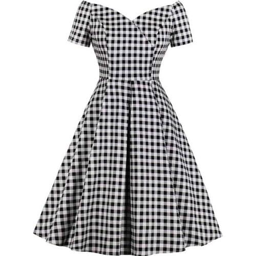 Cotton Vintage Dress 1766 Half Sleeve Swing Sexy Slash Neck Black and White Women Summer Plaid Dress robe vintage