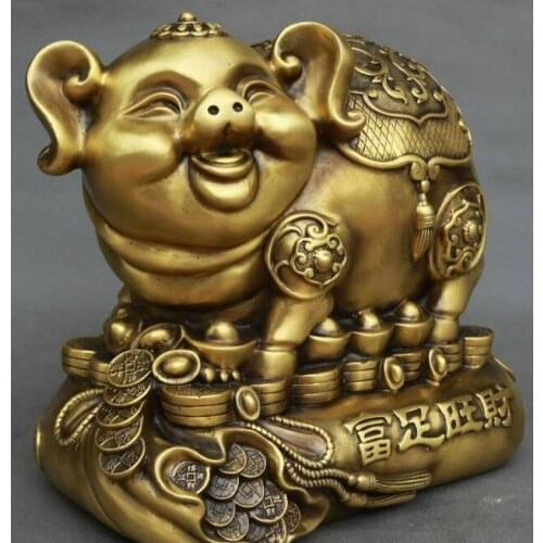 10" China Pure Bronze Pig Swine Hog Animal Money Coin Bag Piggy Bank Box Statue